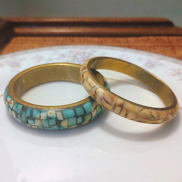 Vtg 70s Set of 2 BRASS MOSAIC Stone Chunky BANGLEs BRACELET Hippie BOHO Artisan - Picture 1 of 7